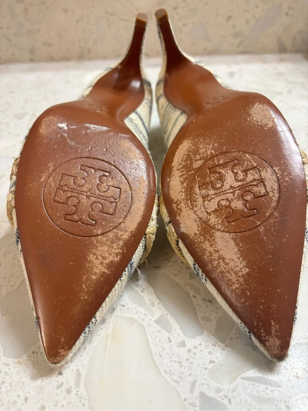 Tory Burch Beige Striped Raffia Pointed-Toe Flats